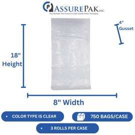 LDPE Clear Poly Bags on a Roll - 8"x4"x18" - 750 bags, 1.0 Mil Thickness - Ideal for Food Storage: Meat, Beans, Cookies, Bakery, Grocery Needs, and Small Business Packaging - Natural Color