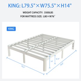 KZZLOL White King Size Bed Frame 14 Inch, Metal Camas King Bed Frame No Box Spring Needed, Heavy Duty Steel Support 3500 LBS, DIY Headboard, Noiseless, Round Corner Legs, Storage Space, Easy Assembly