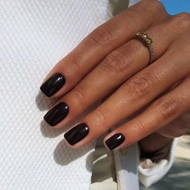 Press On Nails Solid Dark Color Fake Nails, Short Square Medium Shape, Stick on Nails，Glue on Nails Short Coffin False Nails on 24PCS (Black)
