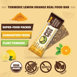 Organic Real Food Bars (Turmeric Lemon Orange) Grain Free - Paleo Friendly - Non-GMO, Gluten Free, Vegan, Nutrition Bars, Super Food Energy Bars, Ayurvedic & Adaptogen Herb Blend, Healthy Snack, Breakfast Bars, Dairy Free, Soy Free, Pure Bliss Organics (1.7 oz, 12-Pack Case)