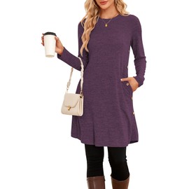 SENBATU Winter Sweater Dress for Women, Long Sleeve, Casual, Side Buttons, Tunic, with Pockets, purple