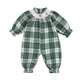 Omkzanbi Baby Girl Christmas Santa Smocked Bubble Romper Pants Embroidery Retro Gingham Bodysuit Cute Holiday Puff Jumpsuit (Green, 12-18 Months)