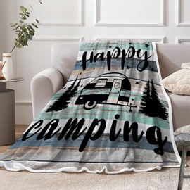 Bzhilja Camper Throw Blankets, Vintage Wooden Door Happy Camper Cozy Warm Bed Couch Blanket, RV Throw Blanket All Season White Fleece Flannel Throws to Decorate The Room and Bedroom
