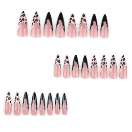 IMRAIN Press on Nails Long Stiletto Fake Nails Black Leopard Print French Nails Tips Full Cover Glossy Nude Glue on Nails Acrylic Almond False Nails for Women Girls 24Pcs Stick on Nails
