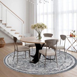 KUTA Oriental Round Rugs 6ft, Grey Blue Round Carpet Washable Rug Circle Rug 6ft, Non-Slip Printed Vintage Medallion Round Rugs for Living Room, Round Dining Rug Circle Kitchen Rug for Indoor Entryway