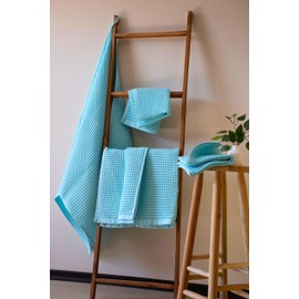 Püskül - Luxury Waffle Towel Set for Bathroom 4 Pieces Turquoise Blue, Premium Quality Organic 100% Turkish Cotton 2 Hand and 2 Bath Towels, Quick Dry Thin Waffle Towels, Made in Turkiye (Turquoise)