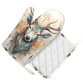 Indokyeyqaz Rustic Deer Animal Oven Mitts and Pot Holders Sets, Home Silicone Heat Resistant BBQ Gloves for Kitchen Baking Cooking Grilling Microwave