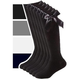 ZRWASKA® 3 Pairs Girls Knee High School Cotton Socks with Fluffy Ribbons Bow, School Socks Uniform Party Comfort Fit Long Socks Stocking Girls Knee High School Socks BLACK, 12½ - 3½ (7-10 yrs)