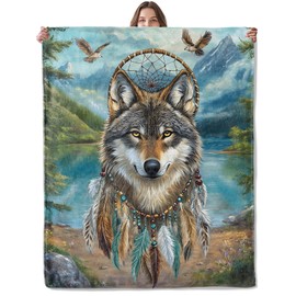 Lugiu Wolf Pattern Blanket, Lightweight Comfy Tribal Dreamcatcher Design Blankets for Couch Sofa Bedroom, Soft Plush Travel Flannel Throw Blanket Gifts for Adults Kids Women, Home Decor 60×50in