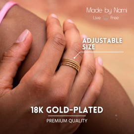 Made by Nami Wide Golden Boho Stainless Steel Ring with Fan Pattern Gift Women's Jewellery Size Adjustable & Waterproof, Precious metal, No Gemstone