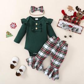 Kuriozud Newborn Baby Girl Christmas Outfit Ribbed Ruffle Long Sleeve Romper Plaid Flare Pants Set Toddler Fall Winter Clothes (Plaid Green, 6-12 Months)