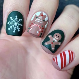 Christmas Press on Nails Black Fake Nails Short False Nails with Red White Stripe Designs Gingerbread Man Glue on Nails Square Stick on Nails Full Cover Winter Acrylic Nails Glossy Artificial Nails