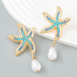 Starfish Shell Earrings for Women Gold Summer Beach Pearl Drop Dangle Blue Sea Star Dangle Earrings Ocean Jewelry