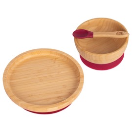 Tiny Dining Baby Dinner Set - Round - Red - 3pc - Divided Non-Slip Bamboo Self-Feeding Baby Weaning Plate, Bowl & Spoon for Babies, Toddlers, Children