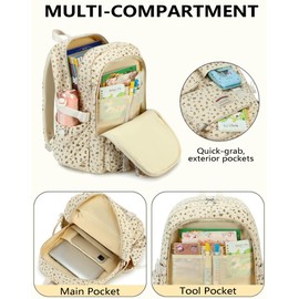 QHRIDS Backpack for Girls Big Student Corduroy Laptop Backpack for College Kids Elementary Middle High School Bag Anti Theft Bookbag Travel Daypack Womens(Corduroy Beige Floral)