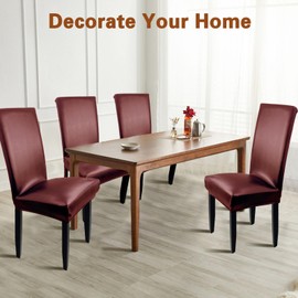 WUSOUPU Wine Red Leather Chair Covers for Dining Chairs Set of 4, Faux Leather Dining Chair Covers Removable Wipeable Parson Chair Cover Leather, Stretch Waterproof Chair Cover for Dining Chairs