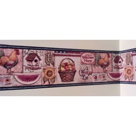 Farming Country Roosters Sunflower Wallpaper Border - Blue Edge