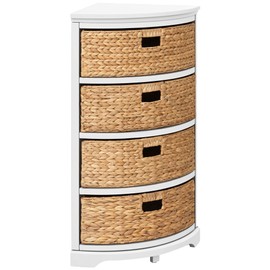 eHemco Hampton Meadows 4 Tier X-Side Corner Table Storage Cabinet with 4 Wicker Baskets, White