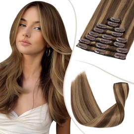 TESS Clip in Hair Extensions Real Human Hair Highlighted Remy Seamless 8 Pieces Straight Short for Women/Girls (#4P27 Medium brown＆Dark blonde, 10 Inch 50g)