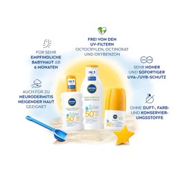 NIVEA SUN Babies & Kids Sensitive 5-in-1 Sun Cream Roll-On SPF 50+, Extra Waterproof Sun Lotion with SPF 50+ as a Practical Roller for Children (50 ml)