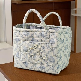 Large-Sized Foldable Storage Basket | QUILTED Canvas Thick Portable Laundry Hamper with Handle for Home Use LG-Q027color: Blue flower pattern storage basket, size: 32*26*25