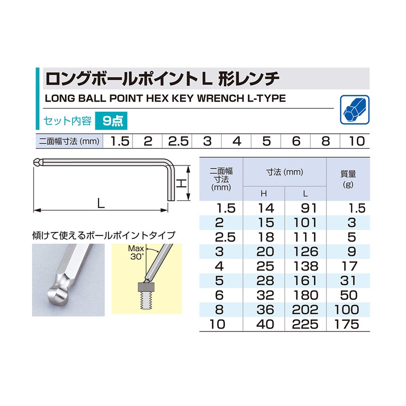 TONE BPLT90 Long Ball Point L Shape Wrench Set, Contents:
