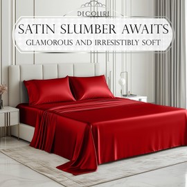 DECOLURE Satin Bed Sheets - 4 Piece Luxury Silky Queen Size Bedding Set - Softer Than Silk, Wrinkle-Free with 15” Deep Pocket Fitted Sheet, Perfect for Hair & Skin, Gifts for Women (Red)