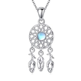 ONEFINITY Dream Catcher Necklace 925 Sterling Silver Moonstone Feather Pendant Dream Catcher Jewellery Gifts for Women, Sterling Silver, No Gemstone