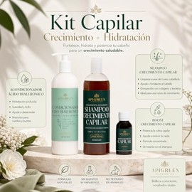 Apigreen Kit Capilar para Crecimiento y Fortalecimiento del Cabello – Shampoo 500 ml sin Sulfatos ni Parabenos, Acondicionador con Ácido Hialurónico y