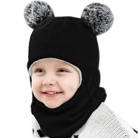 Roysmart Children's Winter Hat, Slip-On Hat Baby, Winter Hat Girls Boys Warm Knitted Hat with Pompom, Slip-On Hat Balaclava Thermal Hooded Scarf Cute Winter Hat for Babies Children - Black, gray