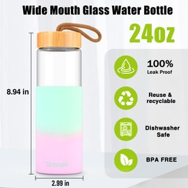 Tronco 24 oz Glass Water Bottles with Lids, Reusable Borosilicate Glass Bottles with Bamboo Lid & Non-Slip Silicone Sleeve for Gym, Hiking, Men and Women, Leak-Proof, BPA-Free, Dishwasher Safe