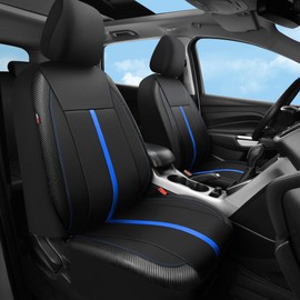 CAR-GRAND Leather Car Seat Covers Black Blue, Sporty Carbon Fiber Leather Full Set Waterproof Auto Seat Covers, Airbag Compatible, Universal Fit for SUV,Sedans,Vans,Pickup, Full Set, Black Blue