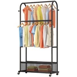 MOYIPIN Double Rods Clothing Rack with Wheels,Clothing Organizer for Hanging Clothes Coat Scarves Bags,Multi-functional Bedroom Garment Rack,4 Hooks,Black