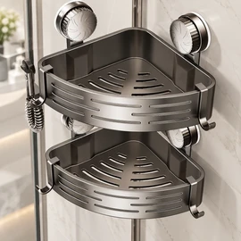 Suction Cup Bathroom Shelf for Shower Storage – Space-Saving ABS Corner Rack with Hook Rod for Bathroom Organization