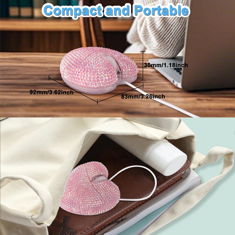 Wired Mouse Cute Bling Crystal Rhinestone Pink Heart Shape Computer