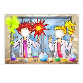 Chemistry Science Backdrop 5 x 3.3 ft, Mad Scientist Face Cutout Photo Props, Laboratory Explosion Background, Scientist Chemical Subject Birthday Party Decoration Kids Face in Hole Selfie Photo Prop