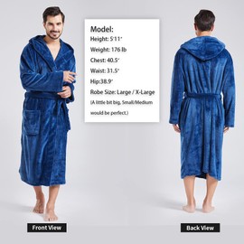 FashGudim Mens Hooded Robe Plush Shawl Collar Kimono Bathrobe Soft Warm Flannel Fleece Spa Robes House Coat Pajamas Calf Length with Pockets (Navy,5XL)