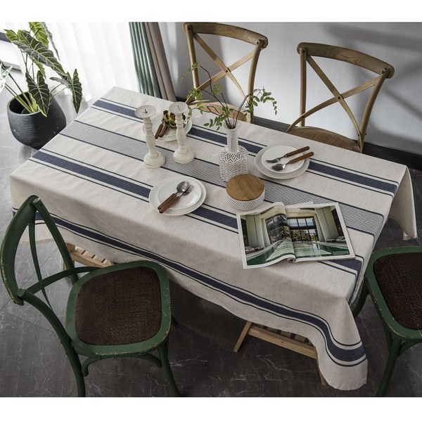 ArtBud White Blue Tablecloth Cotton Linen Farmhouse Table Cover Soft