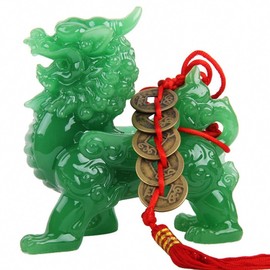 BOYULL Feng Shui Green Pi Yao/Pi Xiu Wealth Porsperity Statue + Free Prosperity Protection Set of 5 Lucky Charm Ancient Coins on Red String,Feng Shui Decor