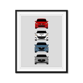 Custom Car Posters History of Mazda 3 Generations and Handmade Print of MazdaSpeed3 Mazda3 (BK, BL, BM, BP) - Multi-Color, 17x22" Metallic Print (Unframed)