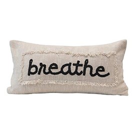 Creative Co-Op Embroidered Cotton Breathe with Eyelash Fringe, Cream & Charcoal Color Pillow