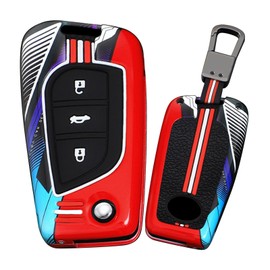 HIBEYO Flip 3 Button Key Fob Cover Compatible with Toyota Fortuner Tundra Camry RAV4 Highlander Corolla Accessories Metal Painted Sports Style Key Shell with Keychains-3 Button Red