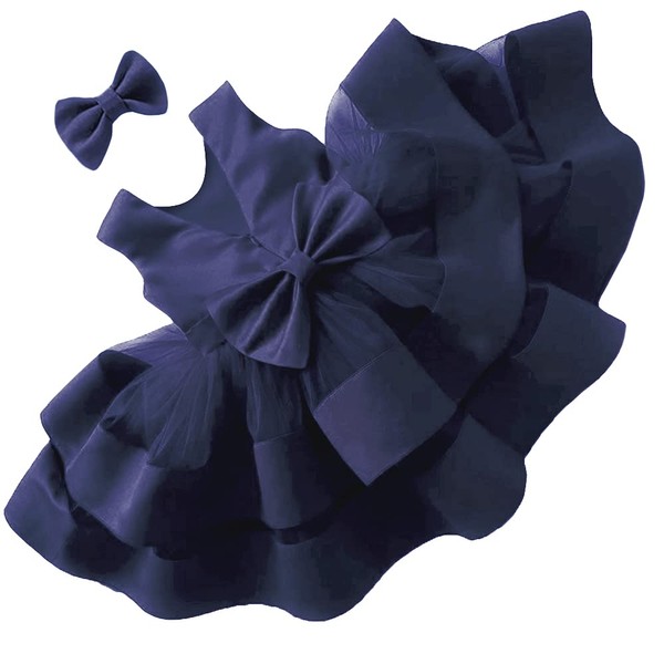 AIMJCHLD 0-6T Vestido de flores sin espalda en V vestido de fiesta de boda vestido con lazo para el pelo, Azul marino, 18-24 Meses