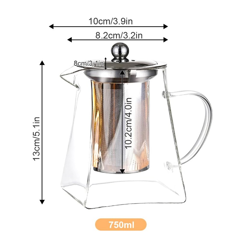 Tomotato Glass Teapot with Removable Stainless Steel Infuser, Heat-Resistant Clear