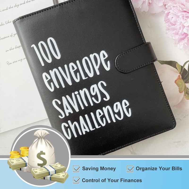 100 Envelope Challenge Binder, Black Saving Challenge Binder, Cash Binder,