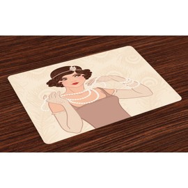 Ambesonne Old Hollywood Place Mats Set of 4, Curly Hair Brunette Flapper Girl Wearing Necklace and Headband, Washable Fabric Placemats for Dining Room Kitchen Table Decor, Beige Brown Ivory