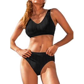 CUPSHE Women's Bikini Sets Two Piece Bathing Suit High Waisted V Neck Wide Adjustable Straps High Cut Cheeky Bottom, S Black