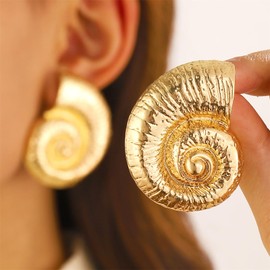 Conch Shell Earrings Gold Silver Plated Boho Seashell Textured Ocean Wave Irregular Geometric Swirl Sea Animal Lightweight Large Stud Earrings for Women Summer Hawaiian Beach Holiday Jewelry Gifts (Gold)