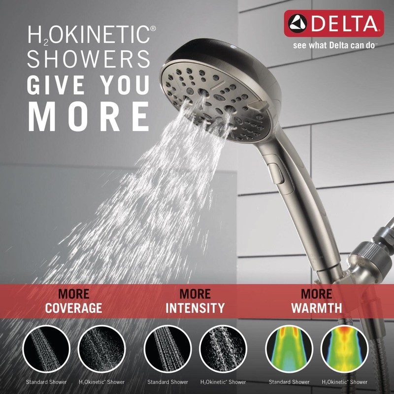Delta Faucet 6-Spray H2Okinetic Handheld Shower Head with Hose, Brushed