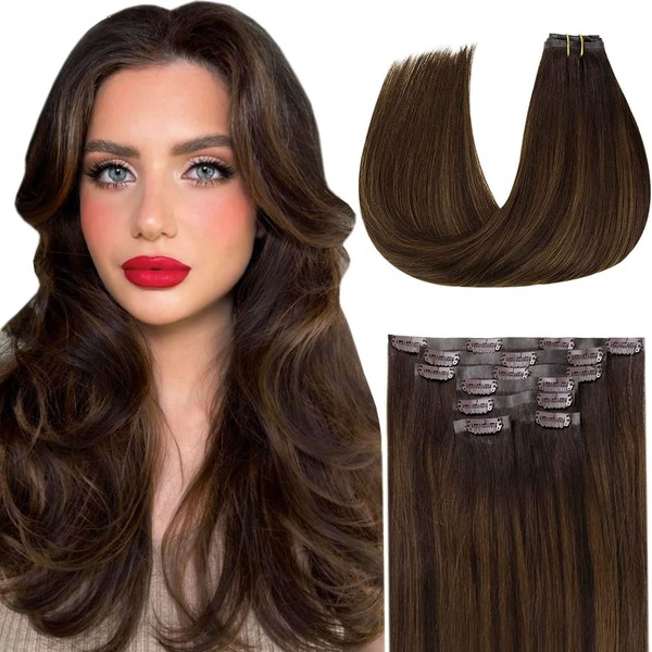 Vivien 55 cm PU Clip-In Extensions Real Hair Balayage Brown 140 g Long Clip Extensions Real Hair Long Darkest Brown Ombre Light Brown and Brown Seamless Clip in Extensions Straight #2/8/2 7 Pieces